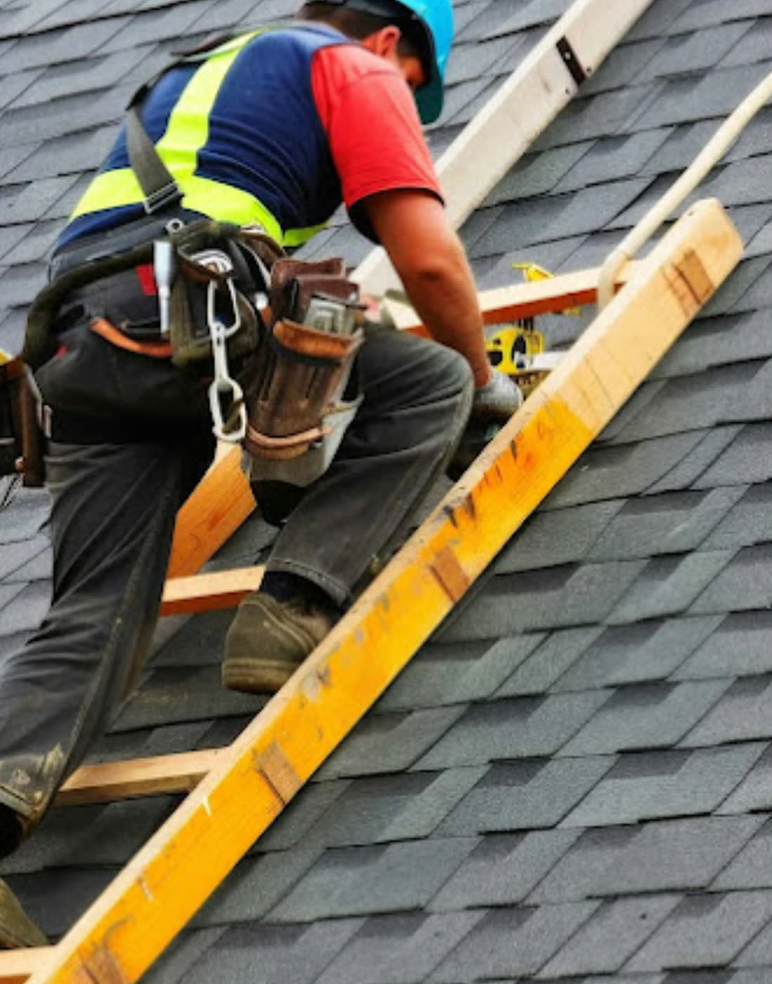 Roofer securing wood battens on a shingle roof