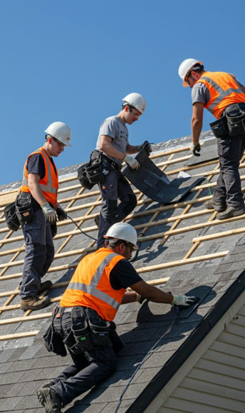 Roofing crew laying shingles over new underlayment
